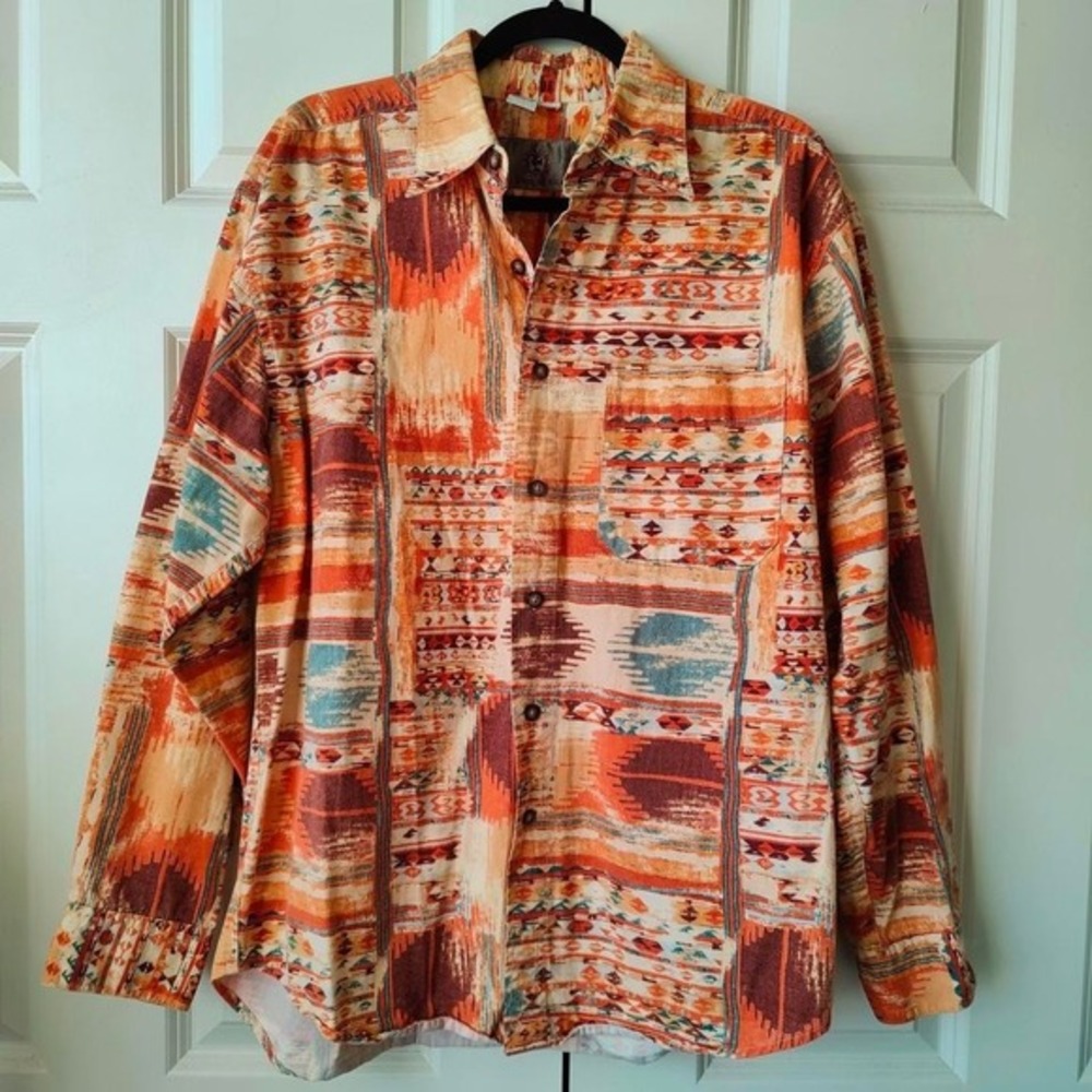 Vtg 90s Aztec The Territory Ahead Boho Western Graphic Cotton Button Down Mens M